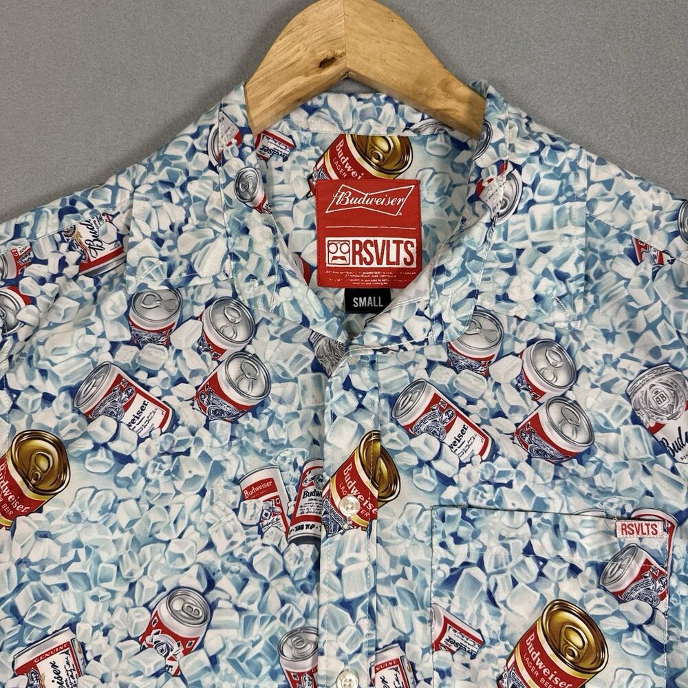 RSVLTS Budweiser Dads Cooler Shirt Mens Small Ice Beer Cans KUNUFLEX Short